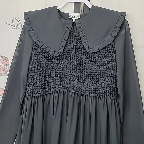 GANNI Ruffled-Collar Smocked Chiffon Dress Size 32 Or Size 0 - Picture 7 of 16